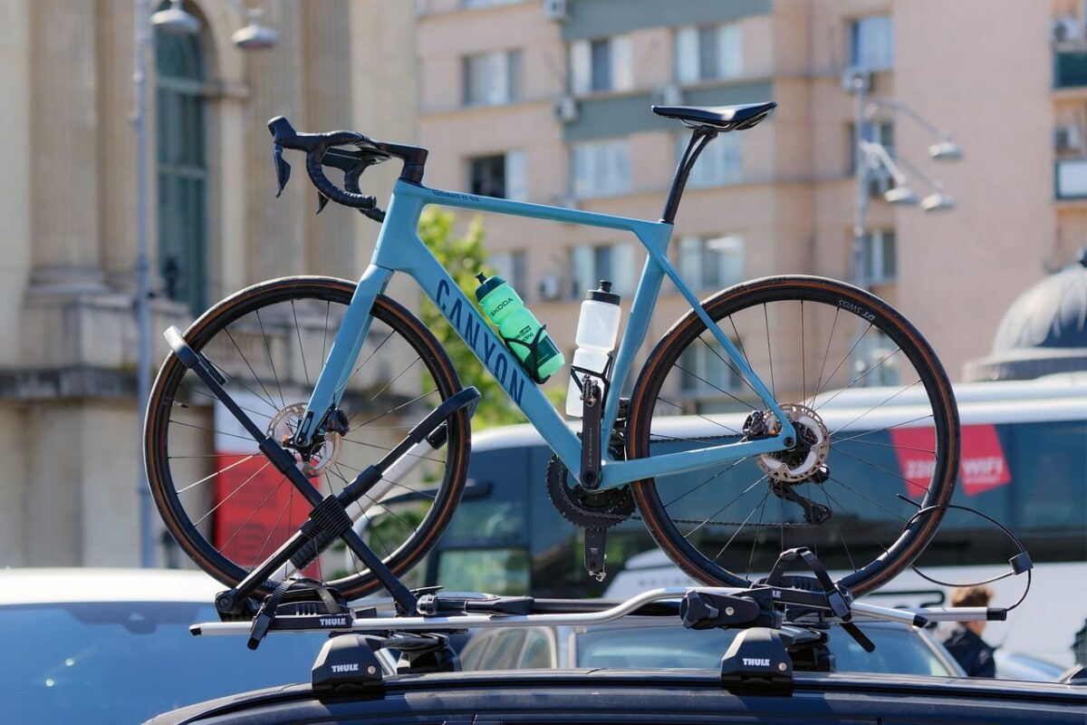 A bicycle locked to a street rack