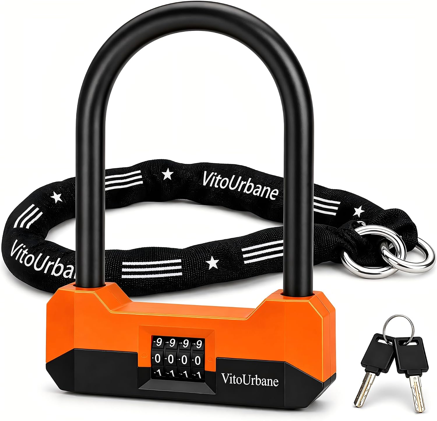 Combination Bike U Lock with Chain for Ebike, Scooter and Bicycle | 4-digit resettable bike lock with 7 mm chain, protective sleeve and recovery key for e scooter, moped, motorcycle and gates