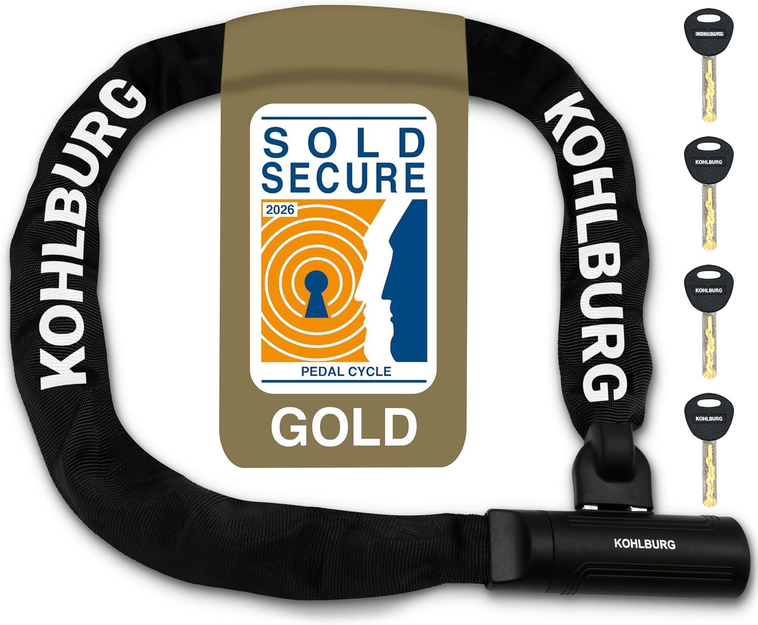 KOHLBURG Security Chain Bike Lock Heavy Duty [Sold Secure Gold] 4ft Long | Bicycle Lock with 4 keys & 0.33" Special Steel Chain – for Ebike Motorcycle Scooter Moped – Bike Locks Heavy Duty Anti Theft